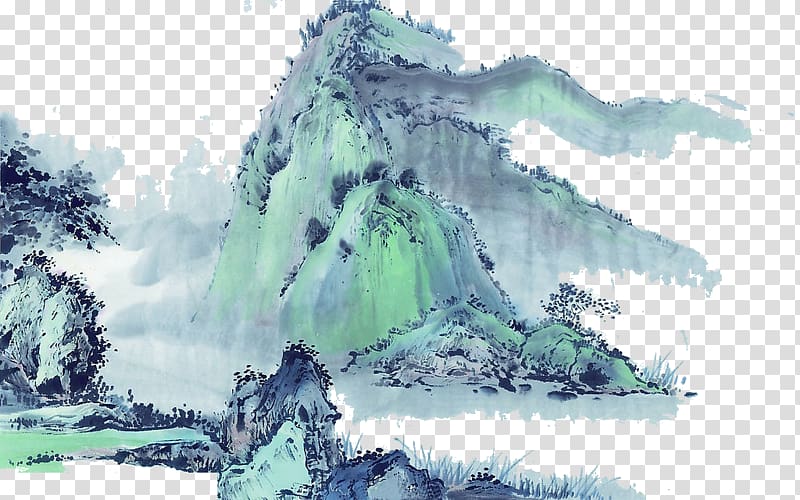 white and blue snowy mountains painting, China Chinese painting Landscape painting Ink wash painting, mountain transparent background PNG clipart