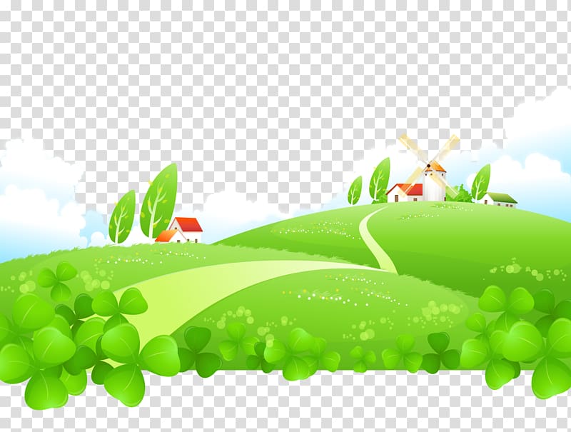 white and red house near green grass field illustration, Cartoon painted grass green house plants transparent background PNG clipart