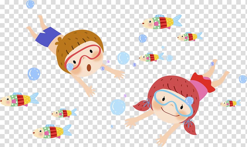 boy and girl swimming with school of fish illustration, Underwater diving Snorkeling Underwater Fishing, A swimming child transparent background PNG clipart