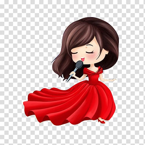 brunette haired woman wearing red dress while holding microphone illustration, Cartoon Singing, Cartoon little girl singing transparent background PNG clipart