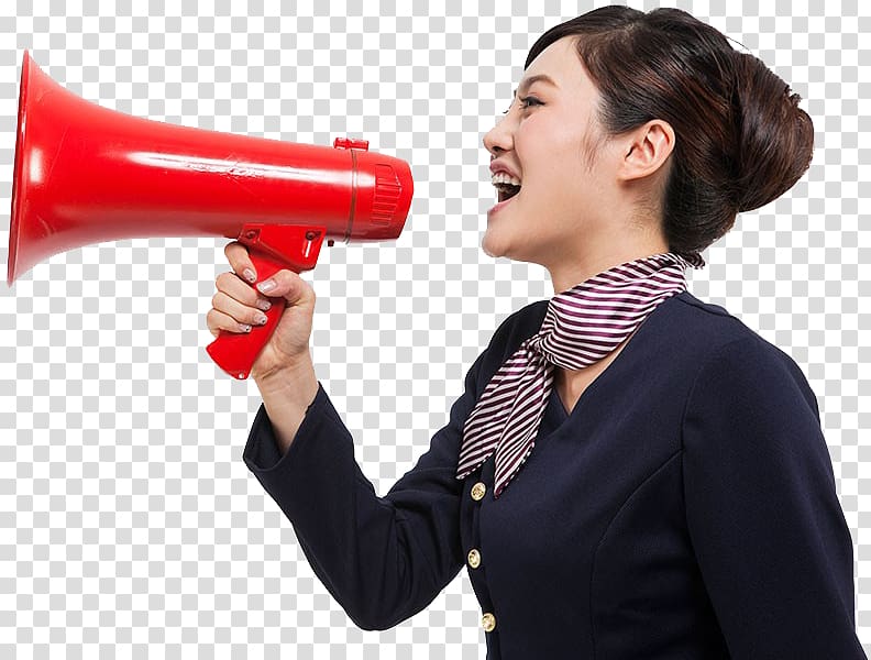 Megaphone Loudspeaker Businessperson Woman, flight attendant transparent background PNG clipart