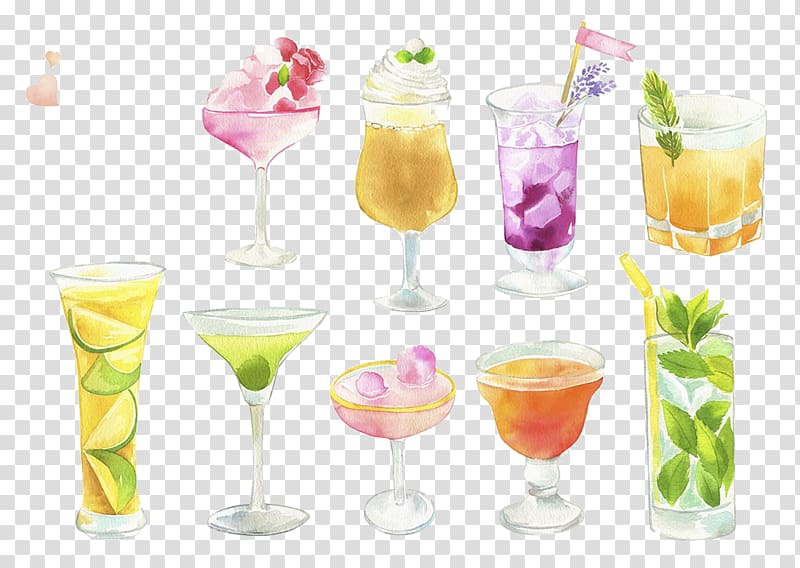 assorted beverages , Wine cocktail Juice Margarita Cosmopolitan, Cocktail painting transparent background PNG clipart