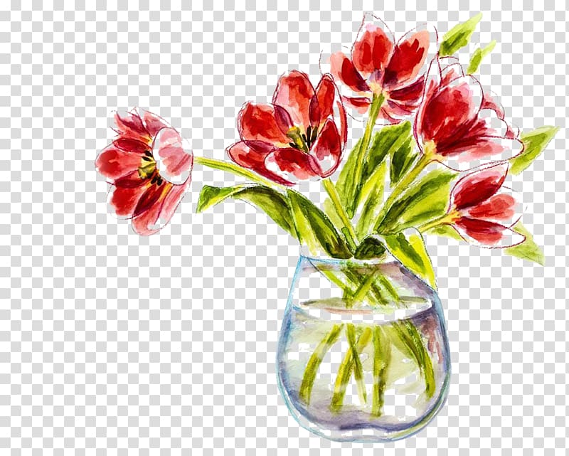 red flowers in vase painting, Watercolor painting Vase Illustration, Gouache tulip material transparent background PNG clipart
