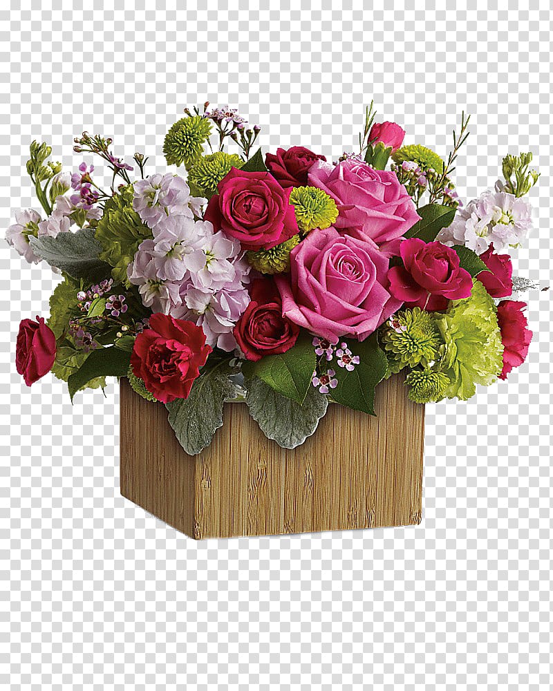 red and pink rose centerpiece in brown wooden vase, Flower delivery Floristry Flower bouquet Cut flowers, bouquet of flowers transparent background PNG clipart