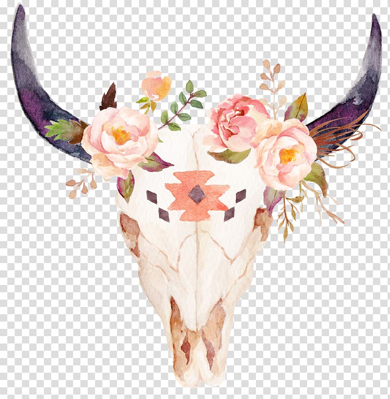 white animal skull illustration, Texas Longhorn Skull Flower Printing Zazzle, skull transparent background PNG clipart