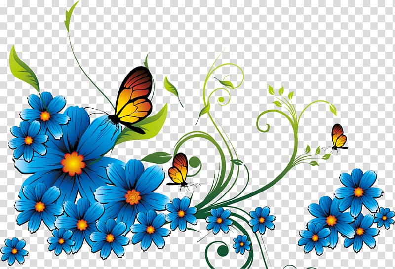 three brown butterflies beside flowers , Borders and Frames Blue Flower , blue flower transparent background PNG clipart