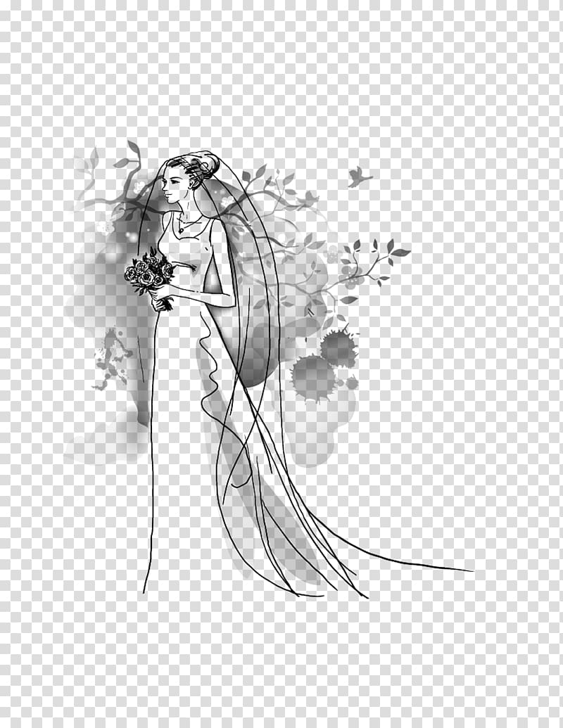 woman in bridal gown sketch art, Ink wash painting Wedding Woman Designer, Charm bride transparent background PNG clipart