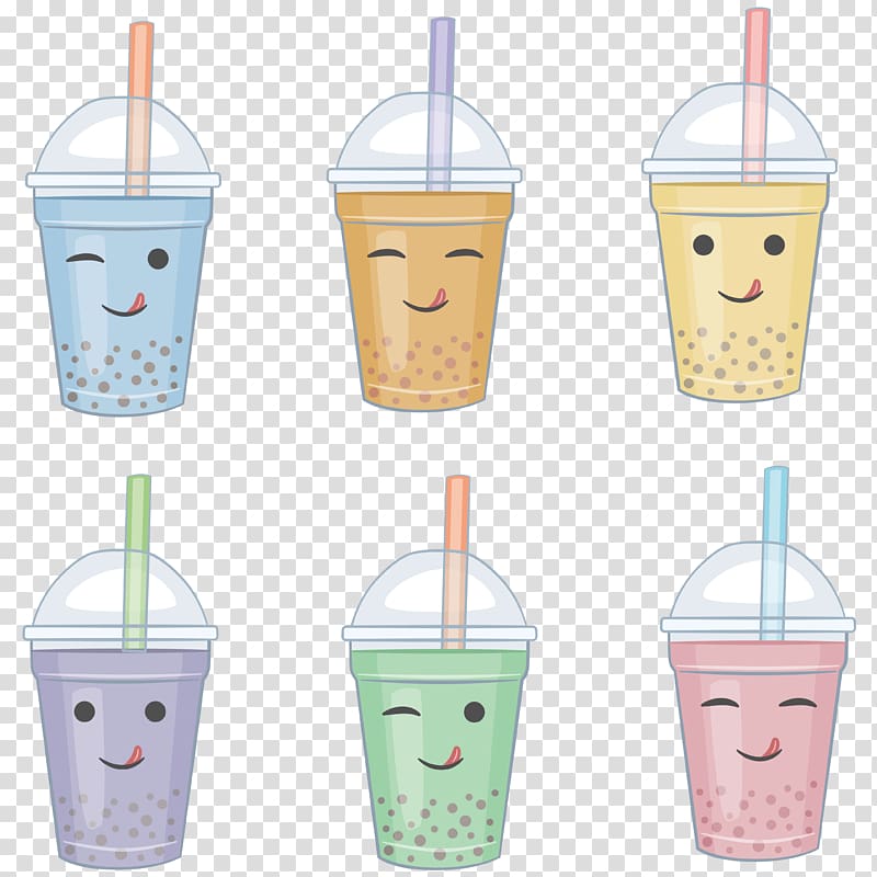 six assorted-color disposable cup illustration, Bubble tea Milk tea Green tea, Cute little tea transparent background PNG clipart