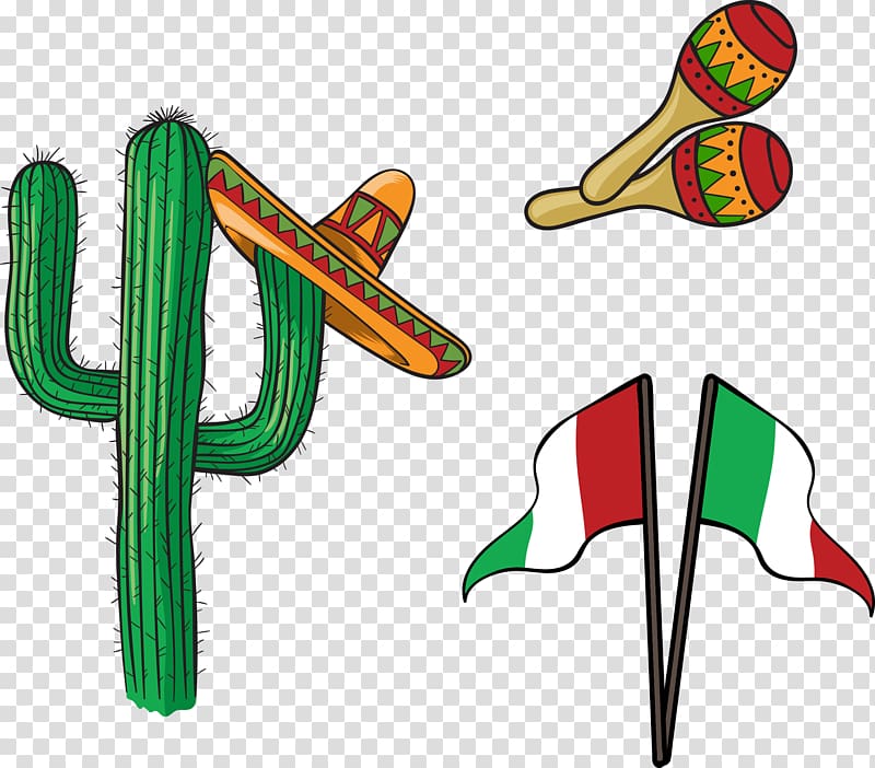 cactus, flag, and maracas s, Mexico Mexican cuisine Burrito Taco, hand painted Mexican culture transparent background PNG clipart