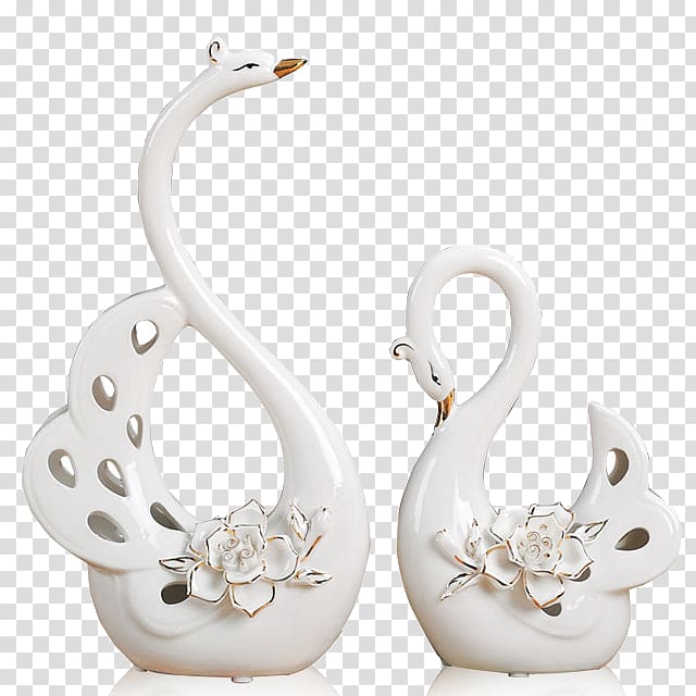two swan figurines illustration, Whooper swan Tundra Swan Porcelain Ceramic White, Swan craft ornaments transparent background PNG clipart