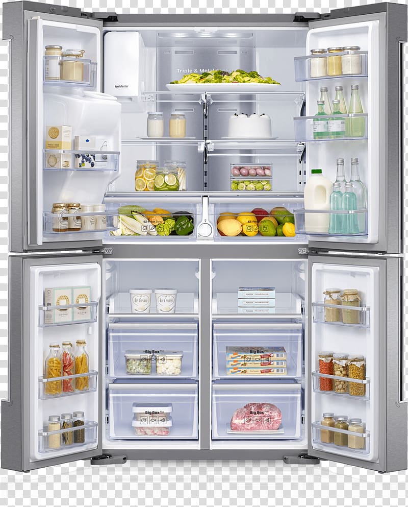 silver French-door refrigerator filled with fruit, bottle, and container, Family Hub Samsung Fridge transparent background PNG clipart