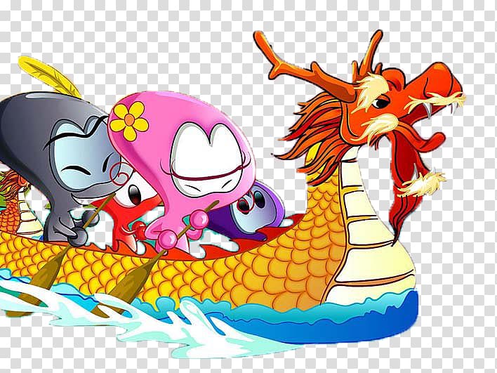 Zongzi Dragon Boat Festival Bateau-dragon u7aefu5348, Cartoon hand painted dragon boat transparent background PNG clipart