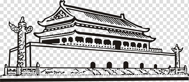 Monument to the Peoples Heroes Tiananmen Temple of Heaven Great Wall of China National Museum of China, Simple black and white line pen Tiananmen transparent background PNG clipart