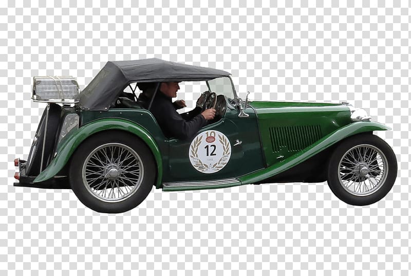 man driving vintage green car, Oldtimer Green Suitcases on Rear transparent background PNG clipart