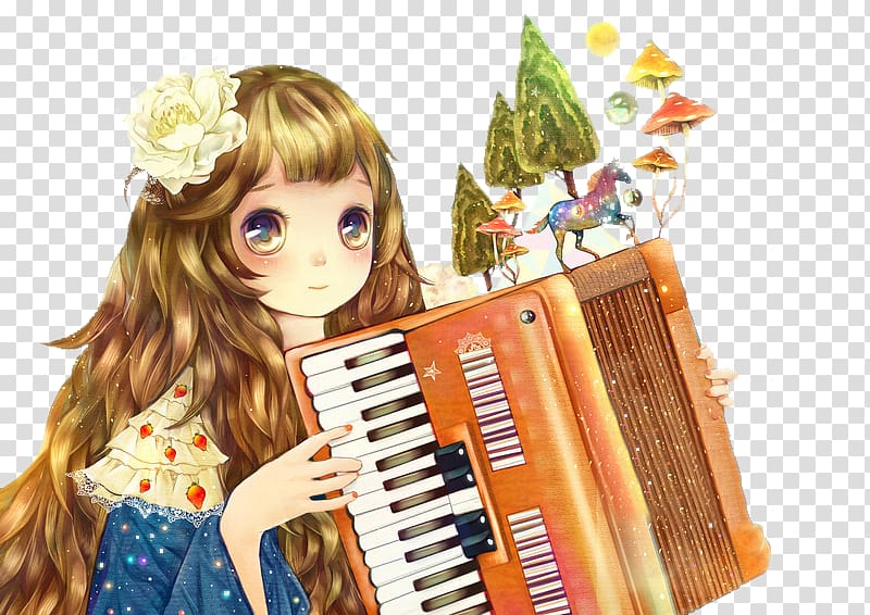 Cartoon Drawing Girl Illustration, On accordion little girl transparent background PNG clipart