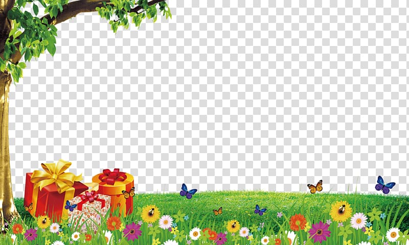three gift boxes on green grass near trees , Cartoon background elements transparent background PNG clipart
