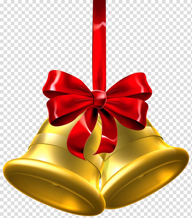 gold bells with red ribbon bow , Christmas Jingle bell , Gold Christmas Bells transparent background PNG clipart