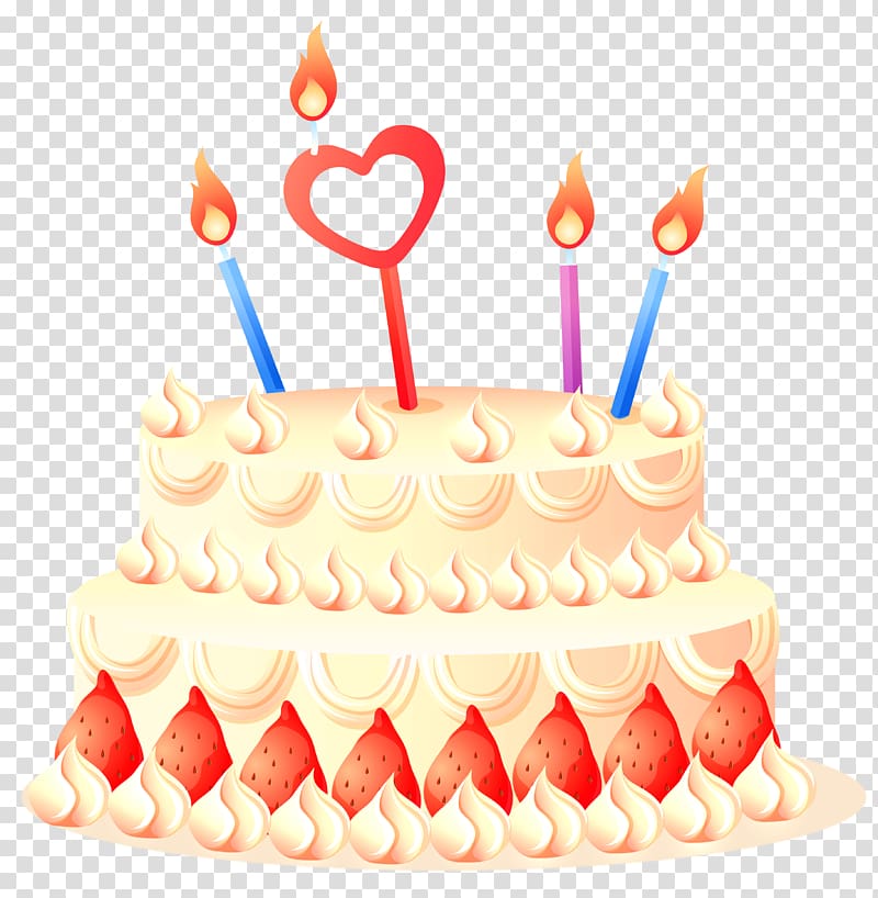 round white icing-covered 2-layer cake with lighted candles illustration, Birthday cake, Cake with Strawberries and Candles transparent background PNG clipart