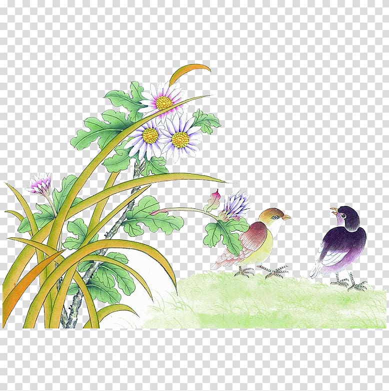 u56fdu753bu5c71u6c34 u82b1u9ce5u756bu6280u6cd5 Bird-and-flower painting Gongbi Chinese painting, FIG green leaves white transparent background PNG clipart