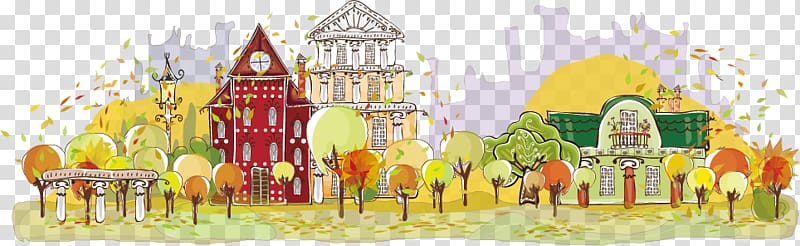 red chapel , Cartoon Autumn Illustration, Autumn town transparent background PNG clipart