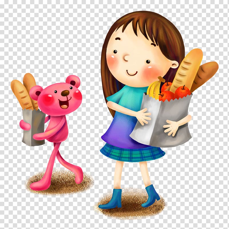 Cartoon Drawing Childhood Illustration, Bear and little girl holding their own bread transparent background PNG clipart