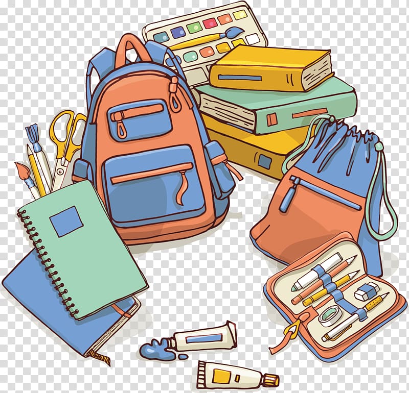 Cartoon Poster Illustration, Poster book bag creative learning elements transparent background PNG clipart