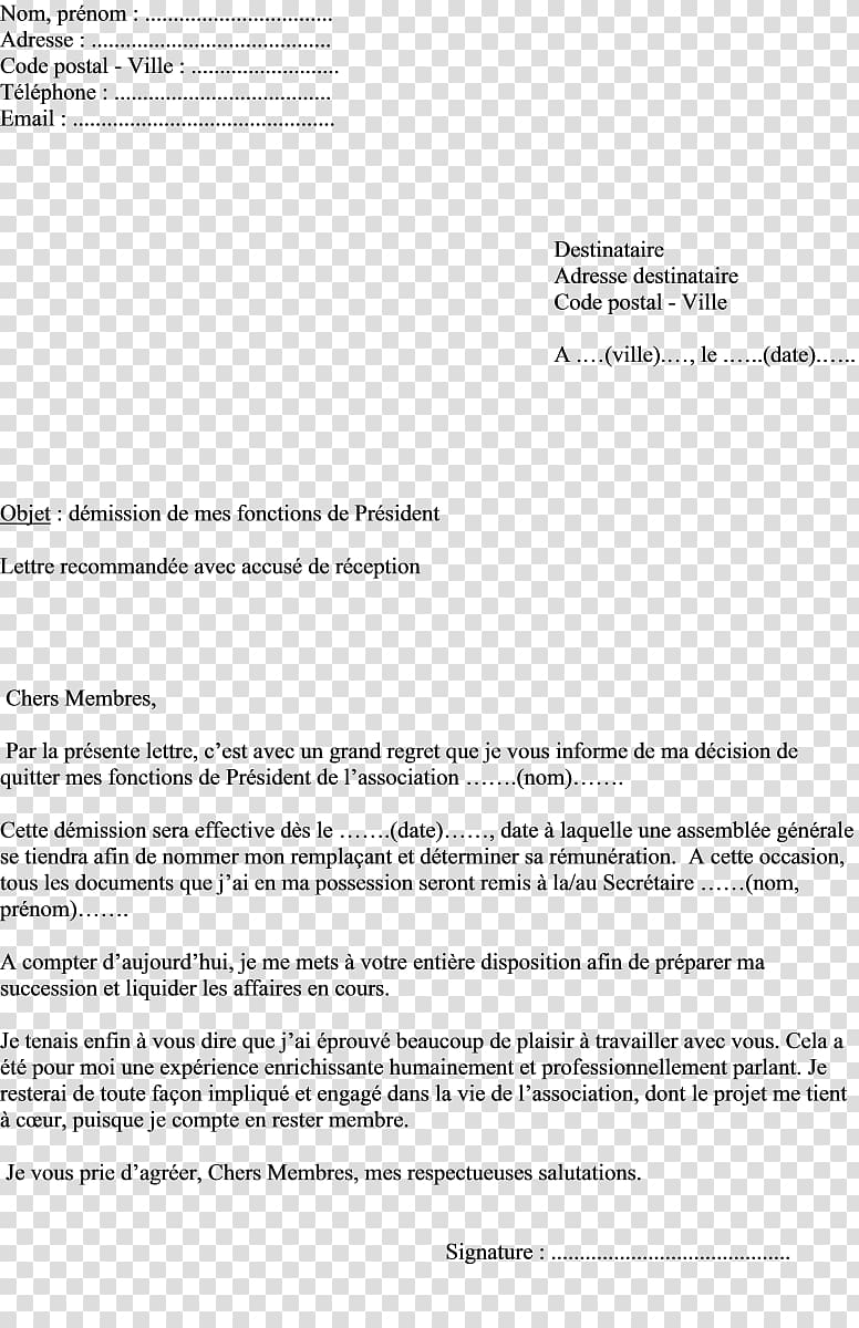 Document Démission en droit français Letter Association loi de 1901 Voluntary association, attestation transparent background PNG clipart