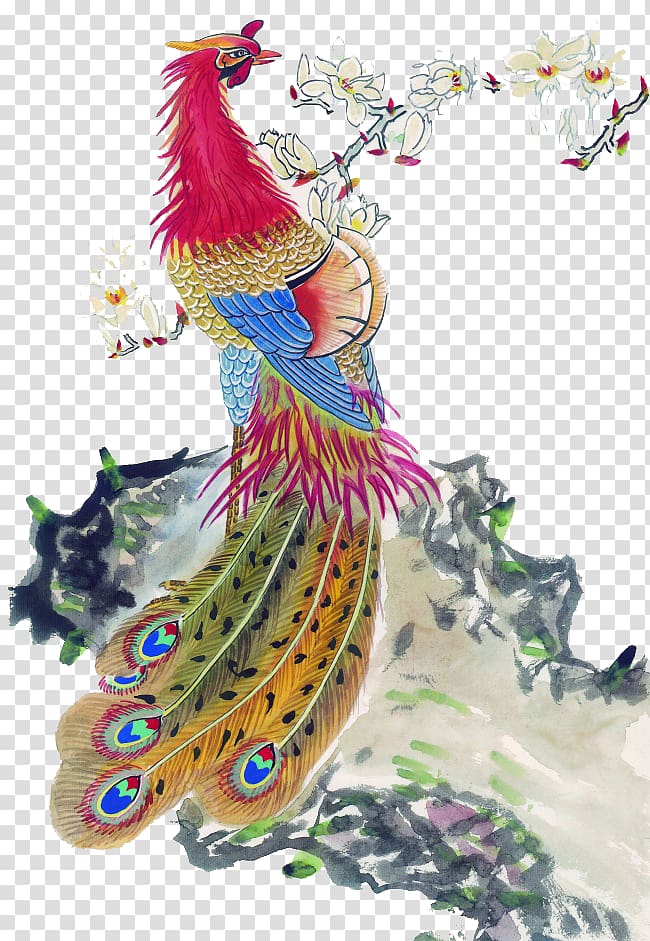 red and multicolored peafowl perched on white petaled flower painting, China Fenghuang Phoenix Painting Chinese art, China Wind Peacock transparent background PNG clipart