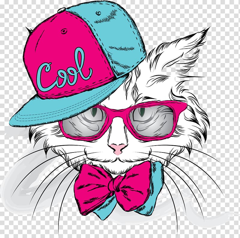white cat with cap , Cat Kitten Cuteness Illustration, Fashion sketch material Animal transparent background PNG clipart