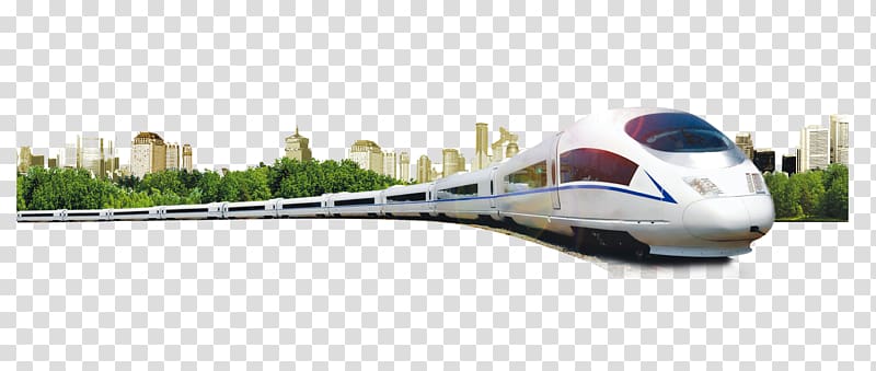 white train front of building illustration, Xianu2013Chengdu high-speed railway Guangyuan Train Rail transport, Green city with high-speed rail transparent background PNG clipart