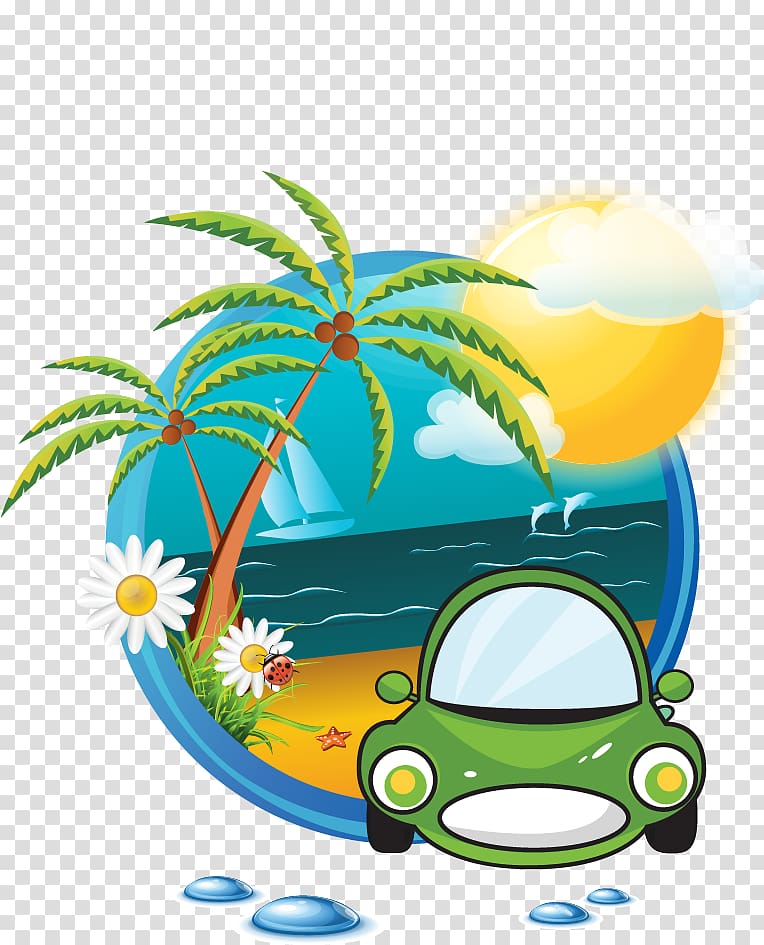 green car on seashore art, Beach Logo Summer , Travel element transparent background PNG clipart