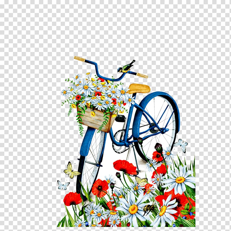 white petaled flowers on blue bicycle basket illustration, Romantic Bike transparent background PNG clipart