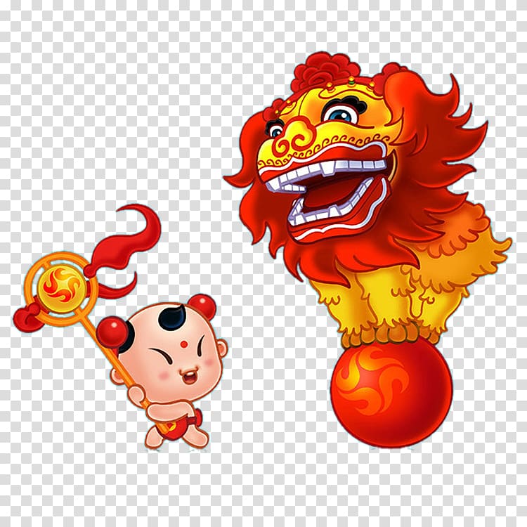 Lion dance Chinese New Year Dragon dance, Festive Fuwa Lucky Boy transparent background PNG clipart