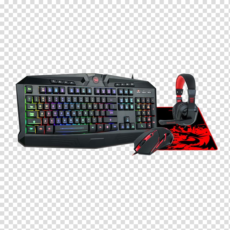 Computer keyboard Computer mouse Combo Redragon Vajra com Teclado Harpe Mouse Centrophorus Headset Garuda e Mousepad P001 S101-BA FLAGPOWER Rainbow LED Backlit Gaming Keyboard and Mouse Combo with 3 Adjustable Microphone, led pc gaming headsets transparent background PNG clipart