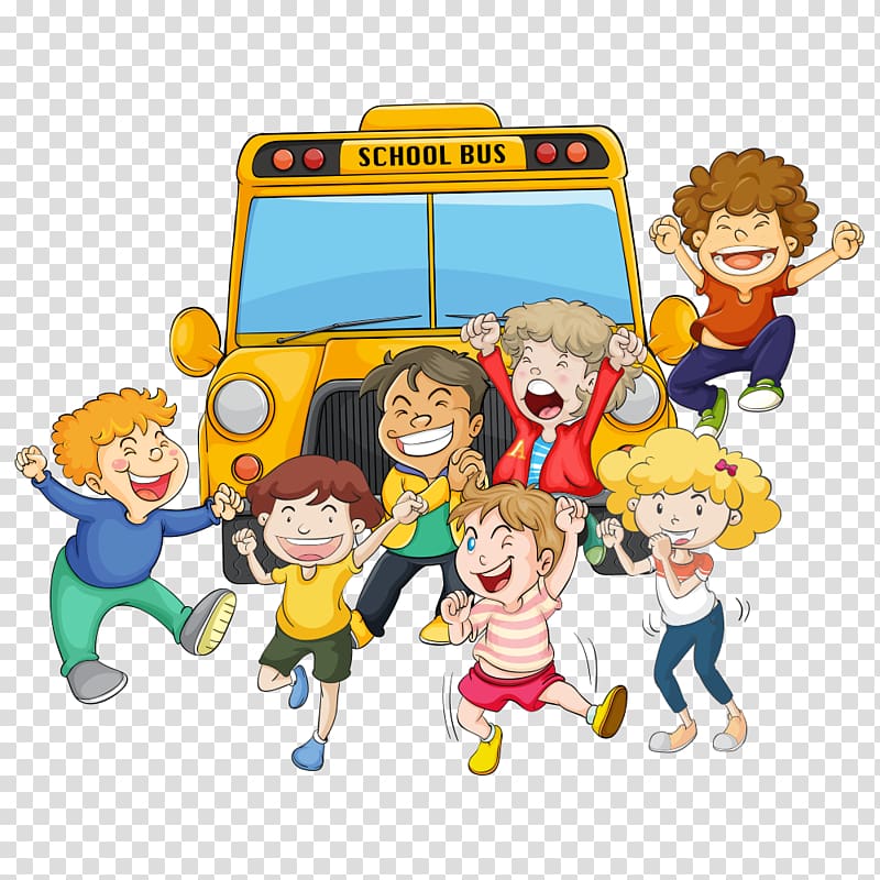 children near school bus illustration, School bus Student, school bus transparent background PNG clipart
