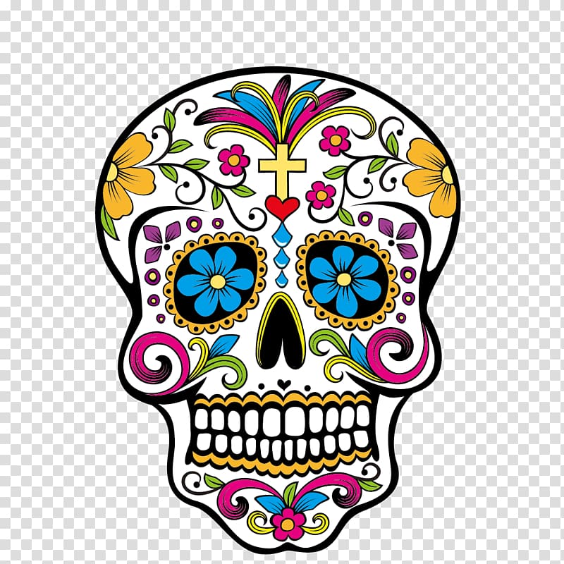 white and multicolored sugar skull , Calavera Day of the Dead Skull , Creative Ghost Festival transparent background PNG clipart
