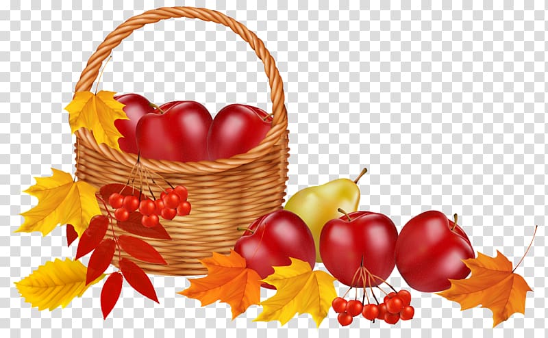 fruits on basket illustration, Autumn leaf color Fruit , Basket with fruits and Autumn Leaves transparent background PNG clipart
