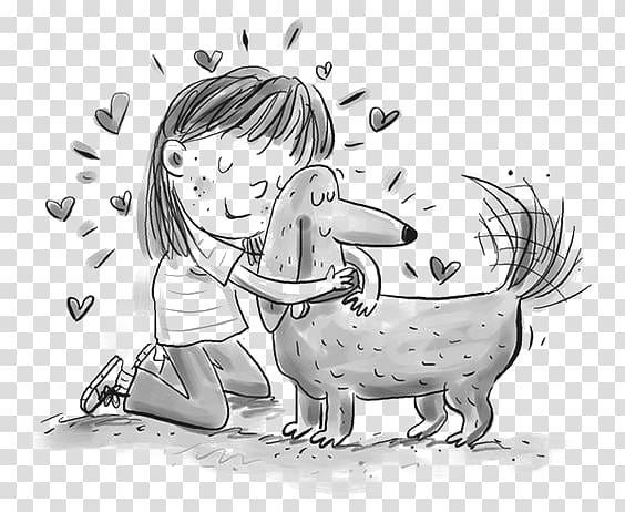 Dachshund Puppy Kitten Black and white Illustration, Girl and puppy transparent background PNG clipart