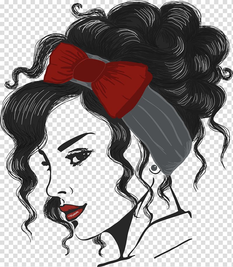 Woman With Curly Hair And Red Bow Turban Illustration