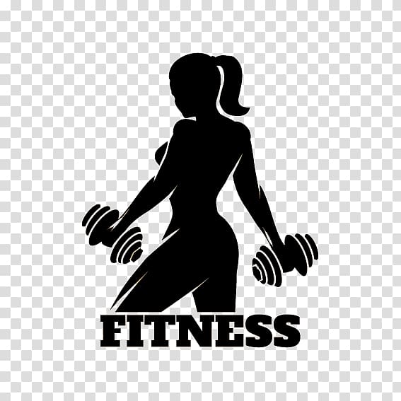 Fitness Club emblem with training woman. Woman holds dumbbells on