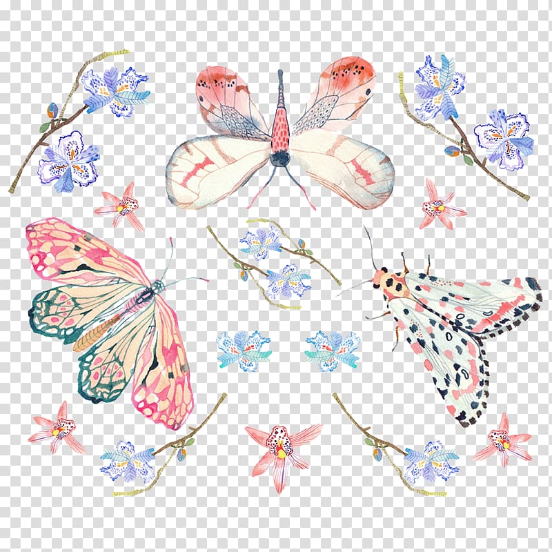 three assorted-color butterfly illustration, Butterfly Motif Pattern, Painted butterfly pattern background transparent background PNG clipart