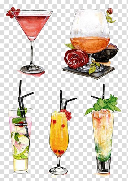 five assorted dessert drinks illustration, Ice cream Cocktail garnish Juice Sea Breeze, Watercolor drink transparent background PNG clipart