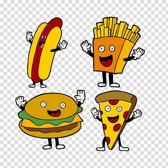 Fast food French fries Cheeseburger Hamburger, Cartoon anthropomorphic hot dog fries hamburger pizza transparent background PNG clipart