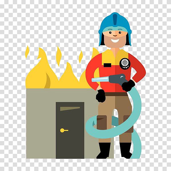 Firefighter Firefighting Illustration, A fireman with a hose in his hand transparent background PNG clipart