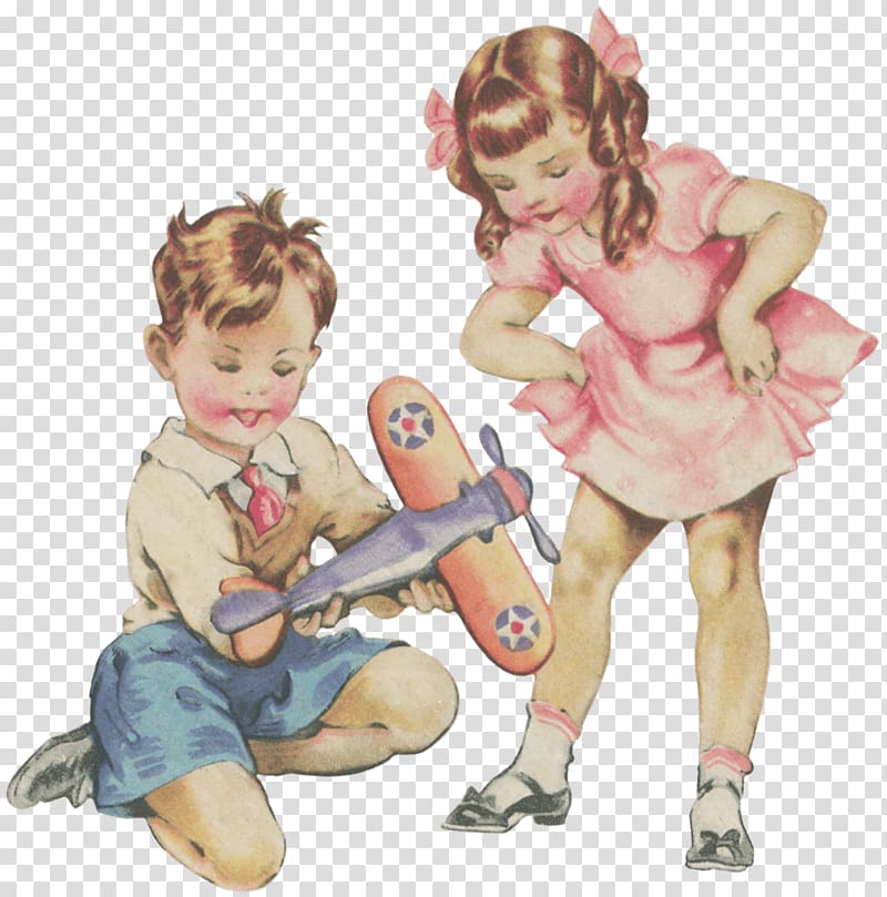girl standing beside boy kneeling while holding biplane illustration, Boy and Girl Playing transparent background PNG clipart