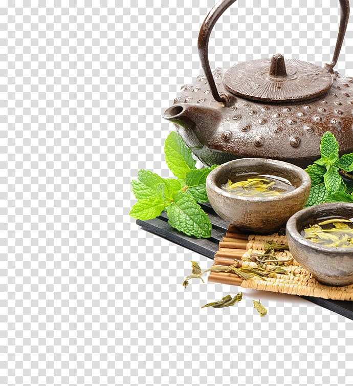 teapot beside two bowls, Green tea Oolong Flowering tea Bubble tea, Tea Tea transparent background PNG clipart