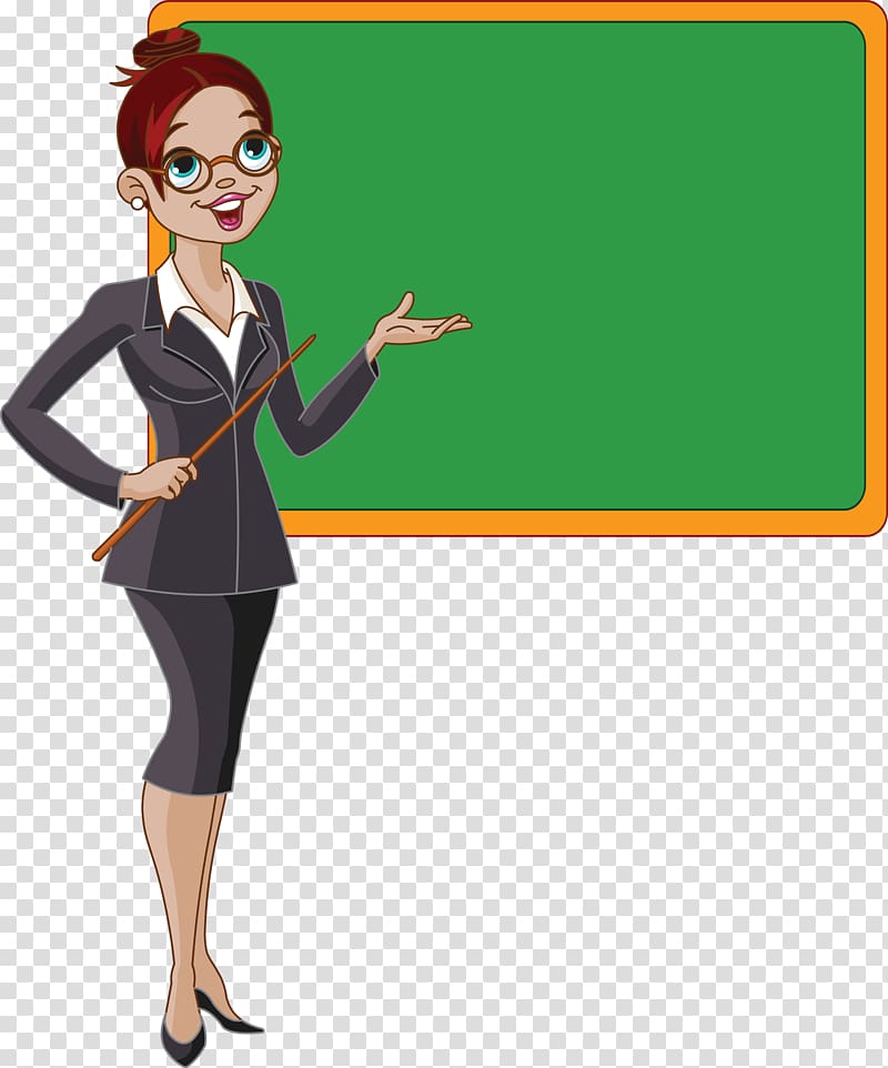 woman with red haired holding stick standing beside chalkboard illustration, Student Teacher Cartoon Female , teacher transparent background PNG clipart
