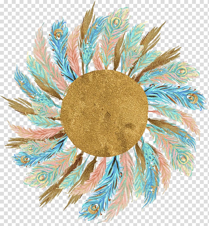 multicolored floral frame, Feather , Golden feather wreath golden wreath material transparent background PNG clipart