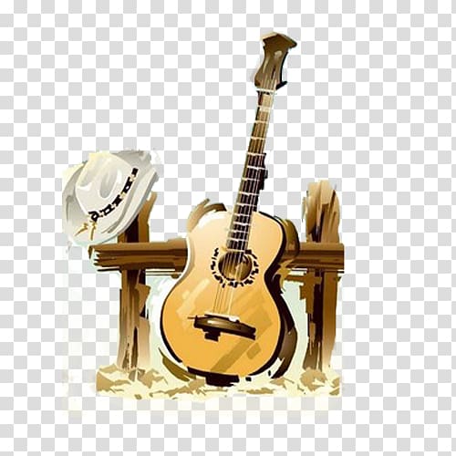 brown acoustic guitar leaning on brown fence beside white cowboy hat art, Country music Drawing , Guitar and hat transparent background PNG clipart