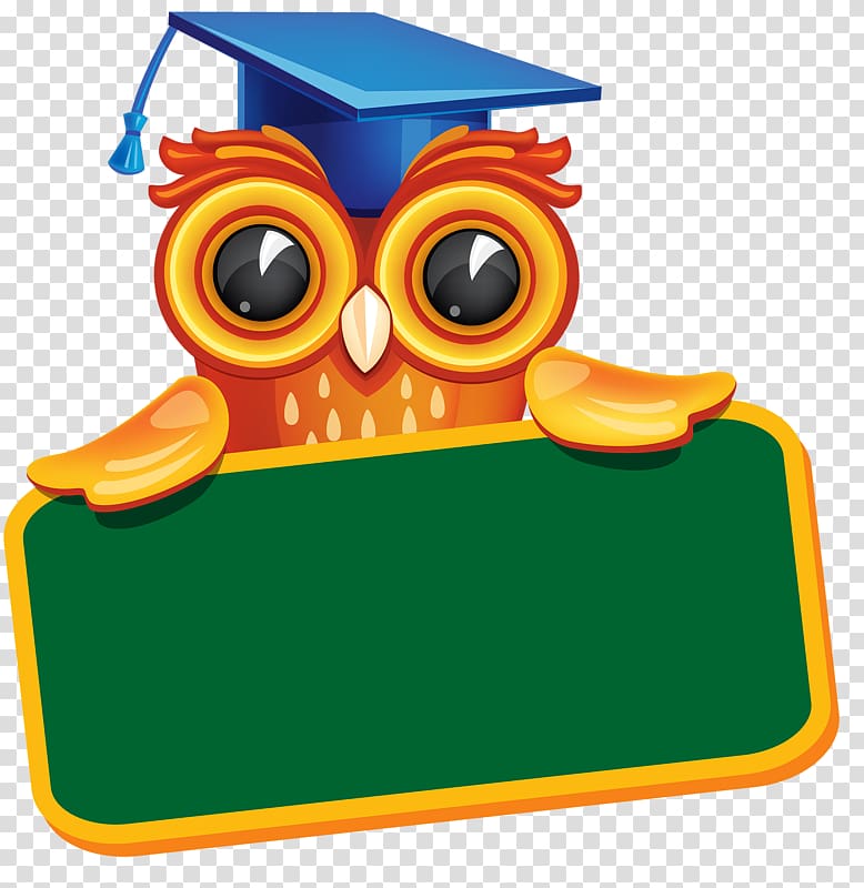 owl wearing mortarboard behind green blank signage illustration, Diploma Graduation ceremony , Owl and chalkboard transparent background PNG clipart